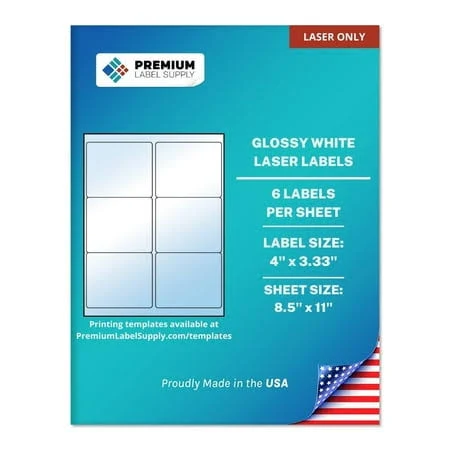 Premium Label Supply Glossy White Sticker Labels 4 inch x 3.33 inch (6 Labels/Sheet) (Glossy White for Laser Only, 60 Labels)
