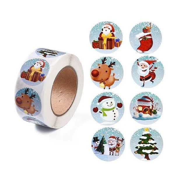 8 Patterns Christmas Round Dot Self Adhesive Paper Stickers Roll