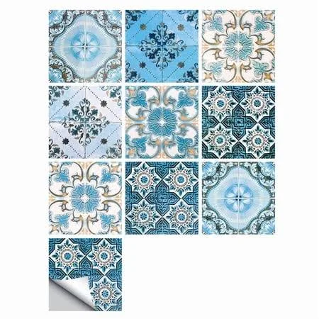 Tile Stickers 6 inchx6 inch Blue Self-adhesive Waterproof Vinyl Peel and Stick Kitchen Bathroom Wall Decals Decor 10 Pcs Set