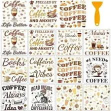 12 Sheets Coffee Rub on Transfers for Crafts 12 Styles Coffee Book Decals PVC Stickers Rub on Decals for Home Window Furniture Wood DIY Craft