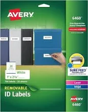 Removable Id Labels 1x2-5/8in Labels White Removable 30-up 25-sheets