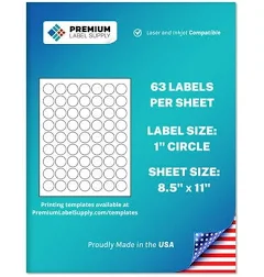 Premium Label Supply White Sticker Round Labels 1 inch Circle Laser/Inkjet Compatible (63 Labels/Sheet), 25 Sheets 1,575 Total Adhesive Labels, Size:
