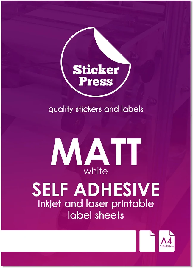 A4 Matt White Self Adhesive Sticker Paper, Matte Inkjet and Laser Printable, High Quality Label Paper, Sticky Paper, Smooth Sticker Sheets
