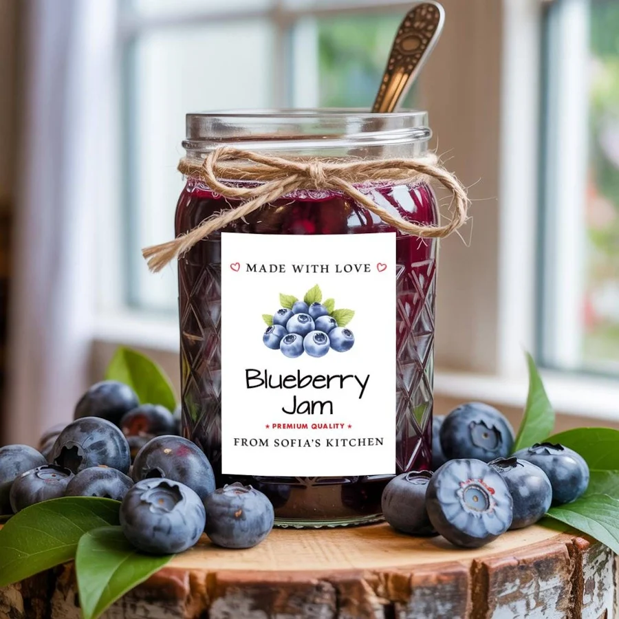 Personalized Blueberry Jam Roll Labels, Custom Blueberry Jam Product Stickers, Business Blueberry Jam Labels for Jars, Canning, Lid Stickers Square: 1