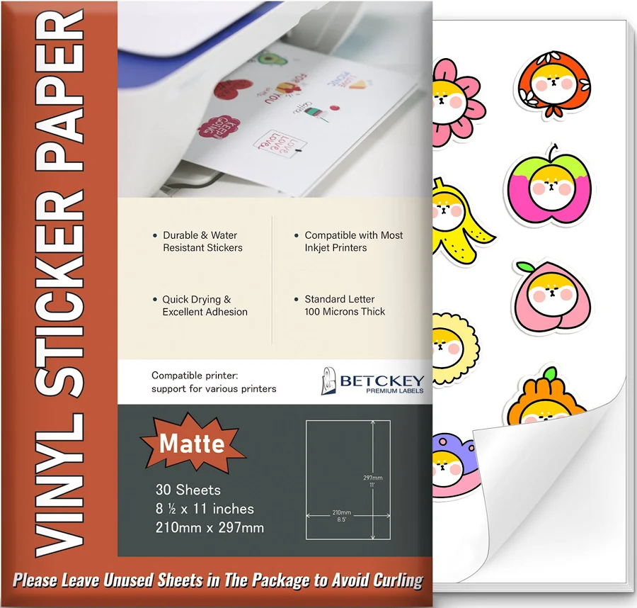 Betckey 8.5" x 11" Matte Vinyl Sticker Papers for Inkjet or Laser Printers