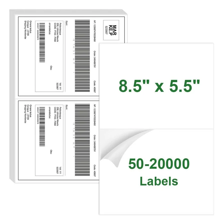 50-20000 Count Half Sheet Shipping Labels 8.5x5.5 Self Adhesive For