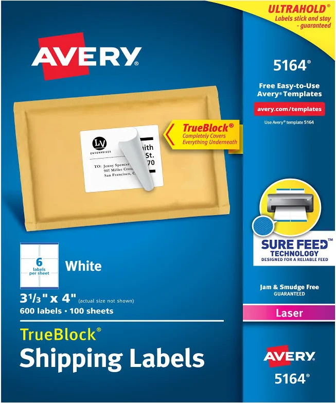 Avery Shipping Labels, 3-1/3 inch x 4 inch, Paper, White, TrueBlock, Laser, 600 Labels (5164)