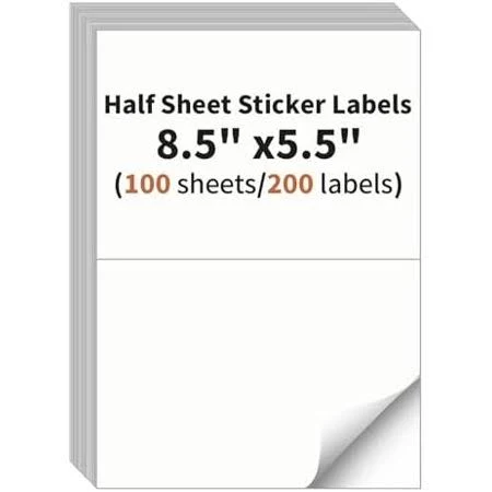Half Sheet Labels, 2 per Sheet, 100 Sheets, 200 Labels, 8.5 inch x 5.5 inch Shipping Labels Paper, Address Sticker Laser & Inkjet Printer Label 