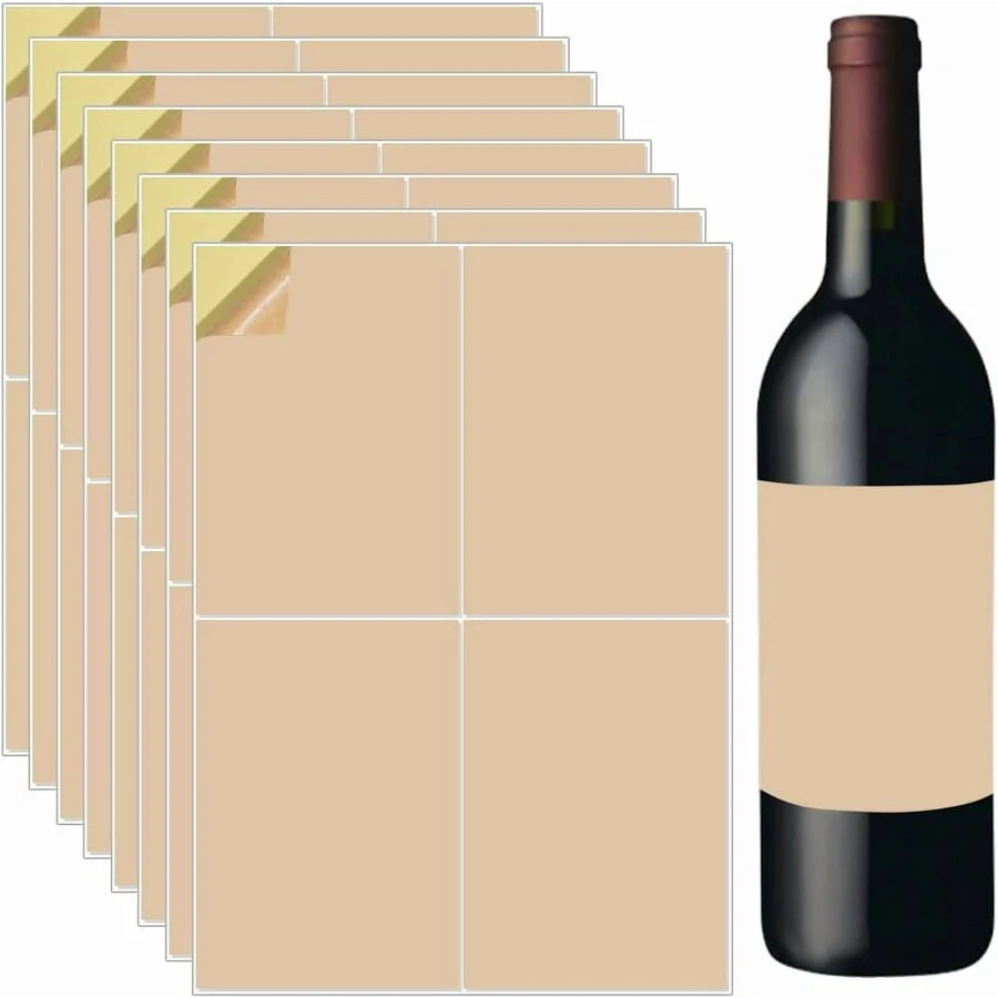 20 Sheets 80Pcs Wine Bottle Paper Labels Printable Light Brown 6 x 4 Inch Self Adhesive Kraft Blank Wine Label Sticker Covers for Wedding Anniversary