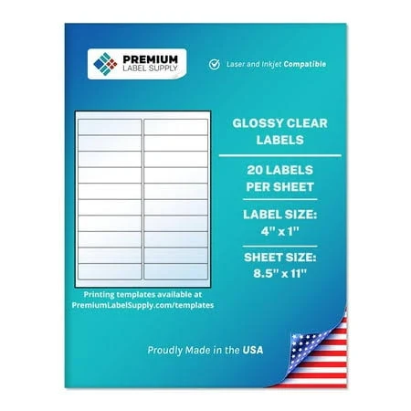 Premium Label Supply Glossy Clear Address Labels 4 x 1 inch Laser/Inkjet Compatible (20 Labels/Sheet), 10 Sheets 200 Total Adhesive Labels, Women's, 