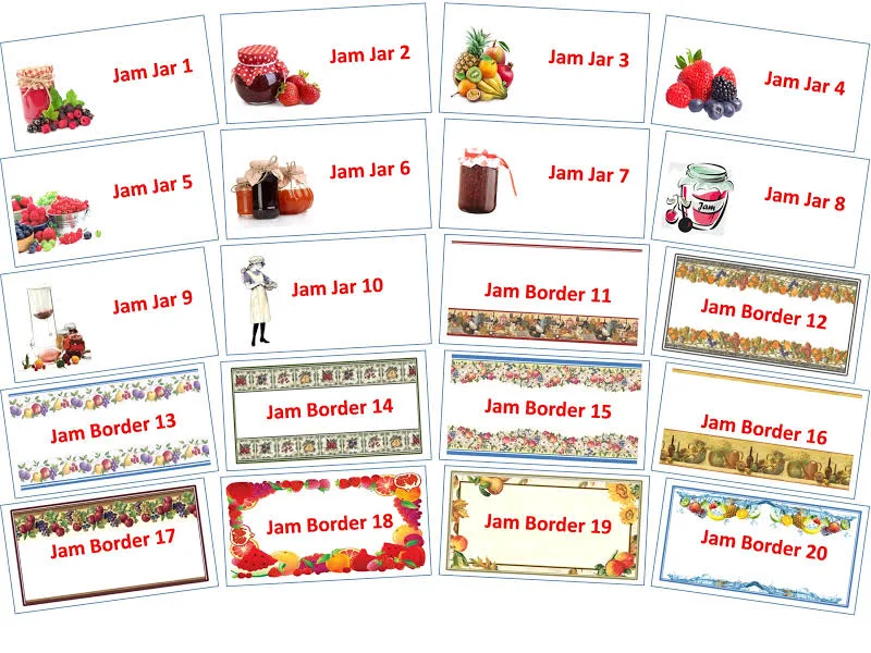 Pre-Printed Jam or Preserve Labels 'Jar & Border' Types, Self Adhesive, 64x34mm (24/sheet).