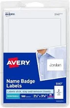 Adhesive Name Badge 2-1/3x3-3/8in Labels White 100/pk - 18ea