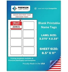 Premium Label Supply Blank Printable Name Tag Stickers - 2-1/3 inch x 3-3/8 inch - Laser/Inkjet Compatible (8 Labels/Sheet), 25 Sheets 200 Total
