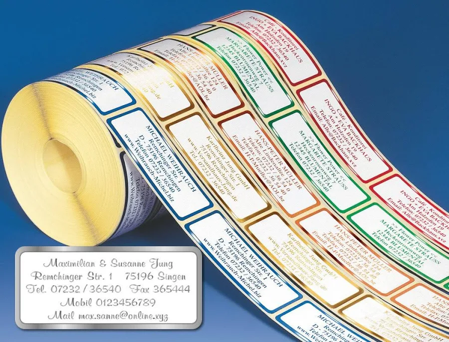 500 de-Luxe XL address labels, self-adhesive name labels on a roll, produced using embossing technology in 6 metallic colors.
