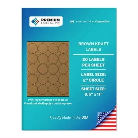 Premium Label Supply Brown Kraft Sticker Round Labels 2 inch Circle Laser/Inkjet Compatible (20 Labels/Sheet), 25 Sheets 500 Total Adhesive Labels, 