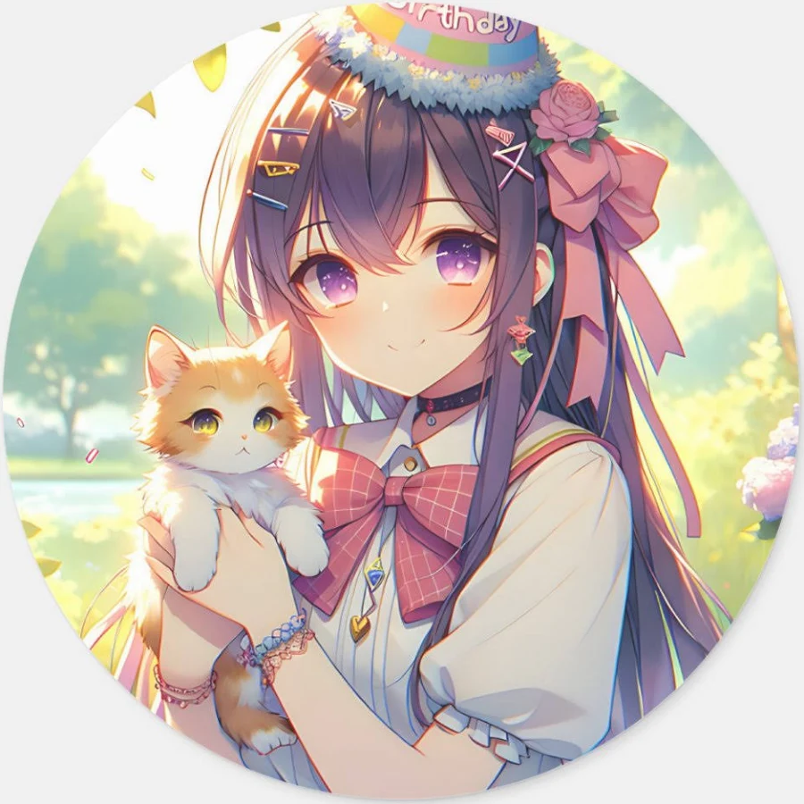 Pretty Anime Holding Kitten Girl's Birthday Classic Round Sticker