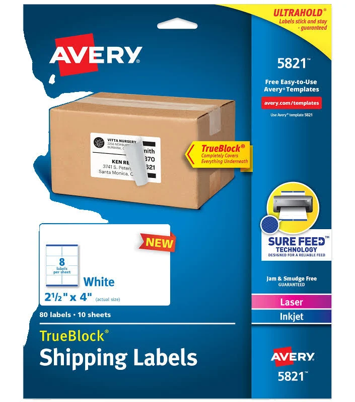 Avery Shipping Labels 2-1/2 inch x 4 inch White TrueBlock Laser/Inkjet 80 Labels