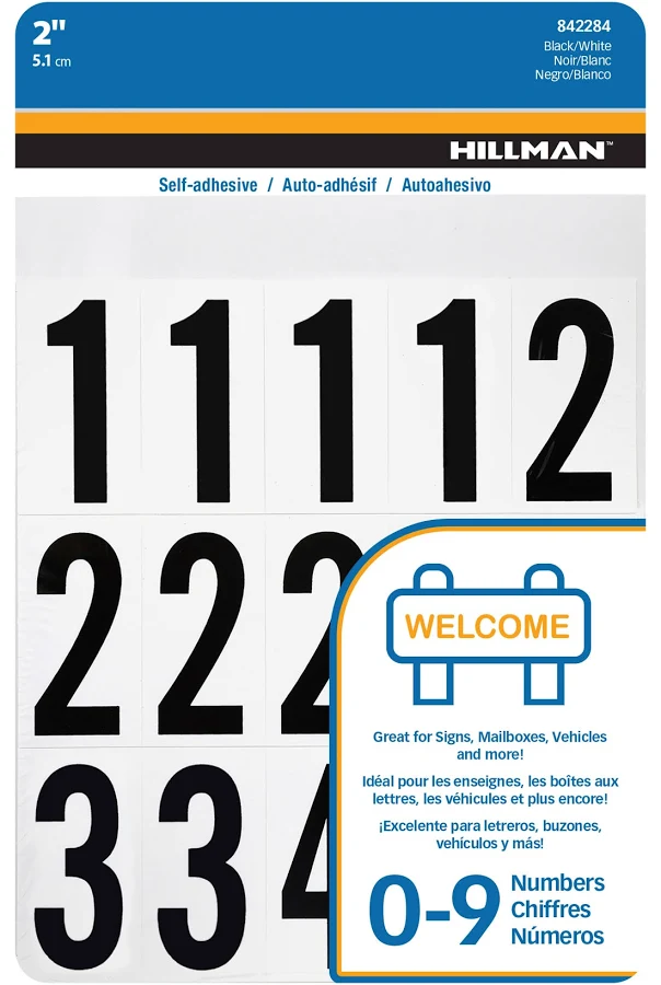 Hillman 2" Black & White Adhesive House Number Pack