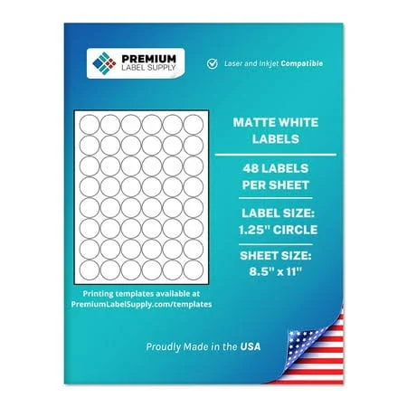 Premium Label Supply White Sticker Round Labels 1.25 inch Circle Laser/Inkjet Compatible (48 Labels/Sheet), 25 Sheets 1,200 Total Adhesive Labels, 