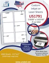 US1791-3.9006''x3.63780''-6 up A4 on a 8 1/4"x11 1/4" sheet 1,000 White Matte Fr