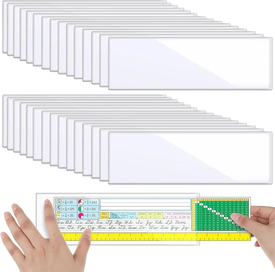 Outus 200 Pieces 4.45 x 13.19 Inch Clear Reusable Nameplate Pocket Bulk Thickened Self-adhesive Desk Name Tag Sleeves for School Classroom Desk, 