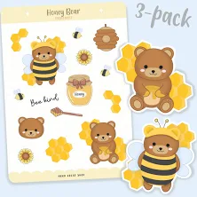 3-PACK BUNDLE 1 Honey Bear Sticker Sheet + 2 Laminated Die Cut Stickers - Honey Bear and Bee Bear