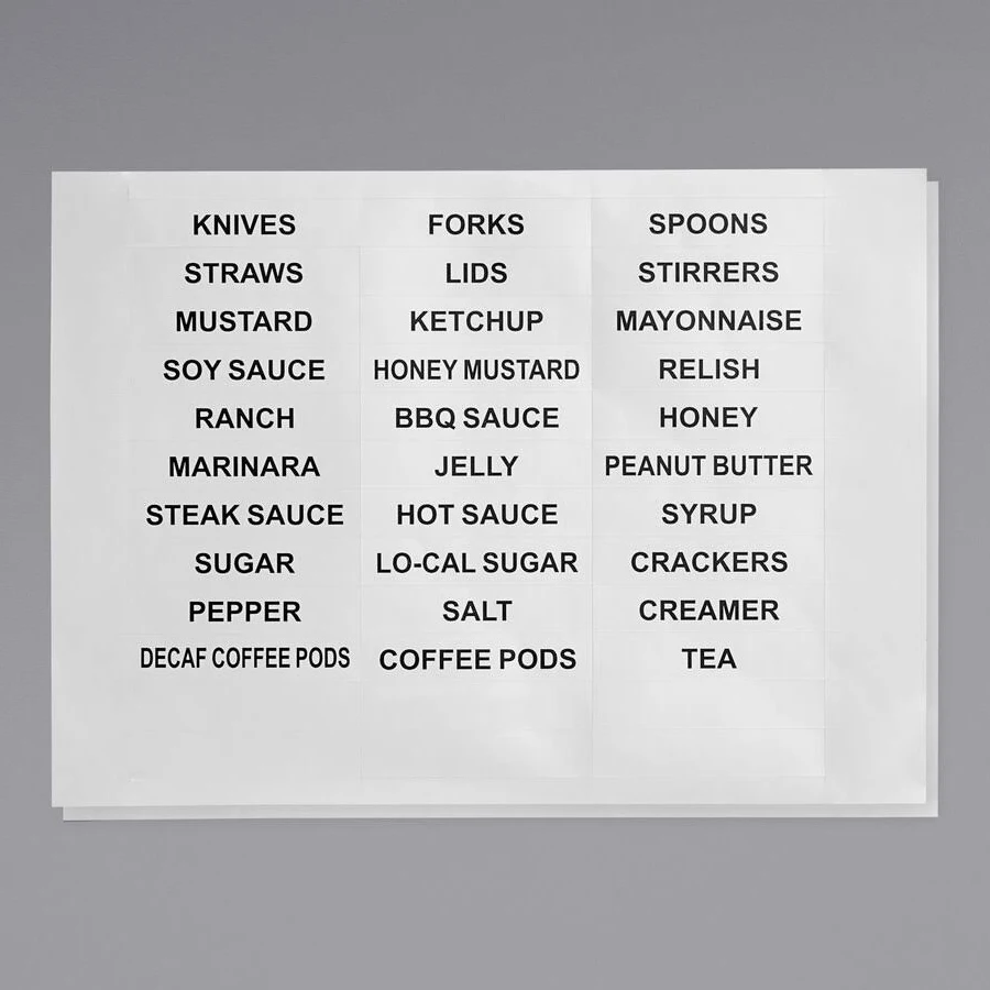 Choice Adhesive Label Sheets for Organizer Bins, Condiment Organizers, and Flatware Organizers - 2/Pack
