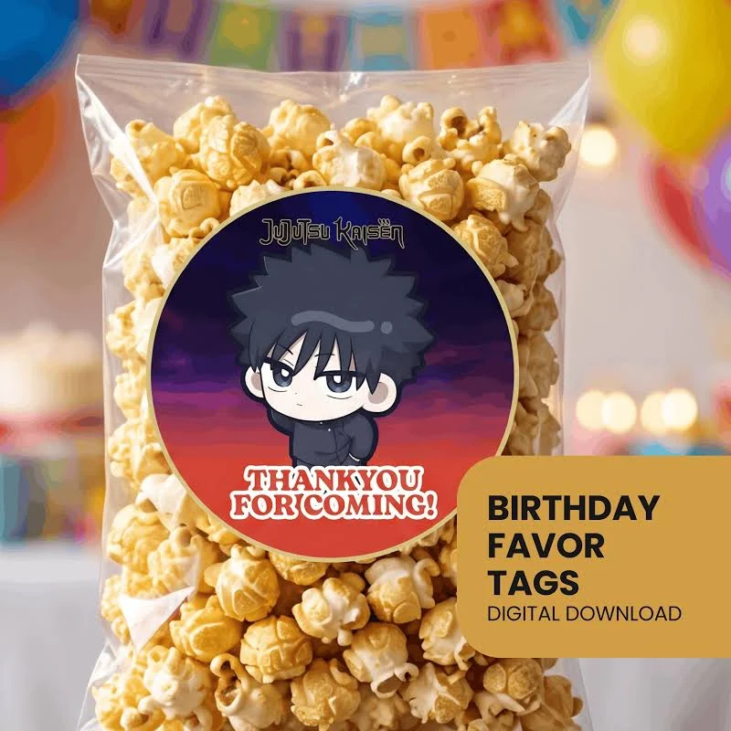 Jujutsu Kaisen Birthday Favor Tags | Anime Thank You Stickers | Chibi Itadori, Megumi, Yuta | 2-Inch Round Labels | Digital Download