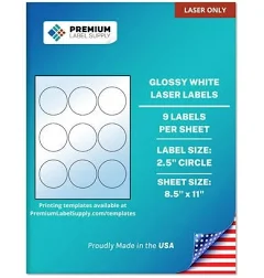 Premium Label Supply Glossy White Sticker Round Labels 2.5 inch Circle (9 Labels/Sheet) (Glossy White for Laser Only, 225 Labels)