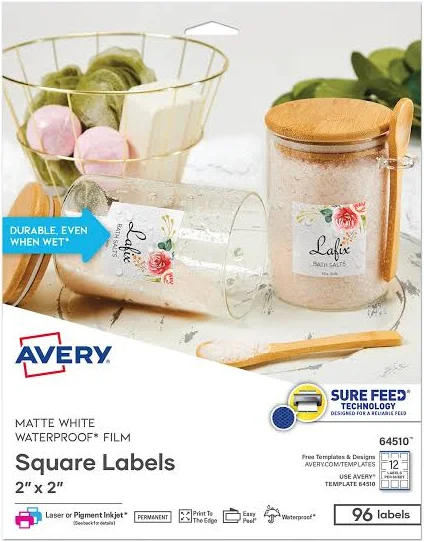 Avery 2" x 2" Square White Waterproof Easy Peel Permanent Printable Label