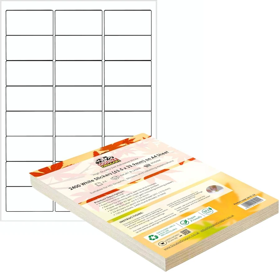 , A4 Self Adhesive Address Labels Sticker Paper, 24 Labels Per Sheet,
