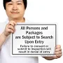 All Persons & Packages Subject To Search Sign Adhesive Polyester Labels, 14"x10"