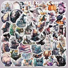50Pcs Halloween Witch Theme PVC Self-adhesive Cartoon Stickers