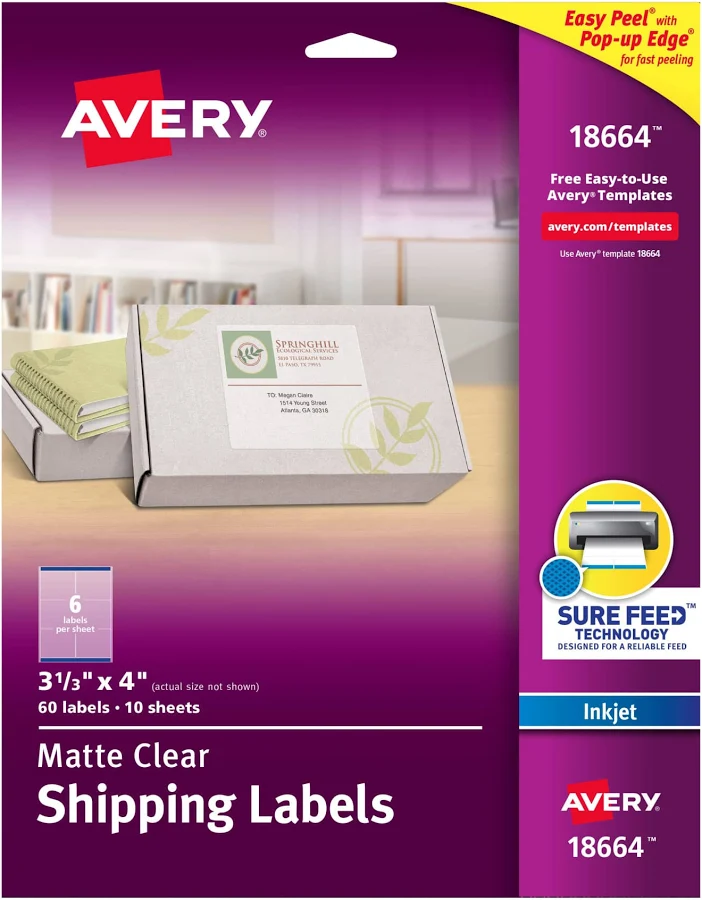 Avery?? Matte Clear Shipping Labels Sure Feed? Technology 18664