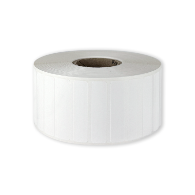 Polyethylene self-adhesive labels 50x12 mm durable white glossy plastic for thermal transfer, 4500 labels per roll