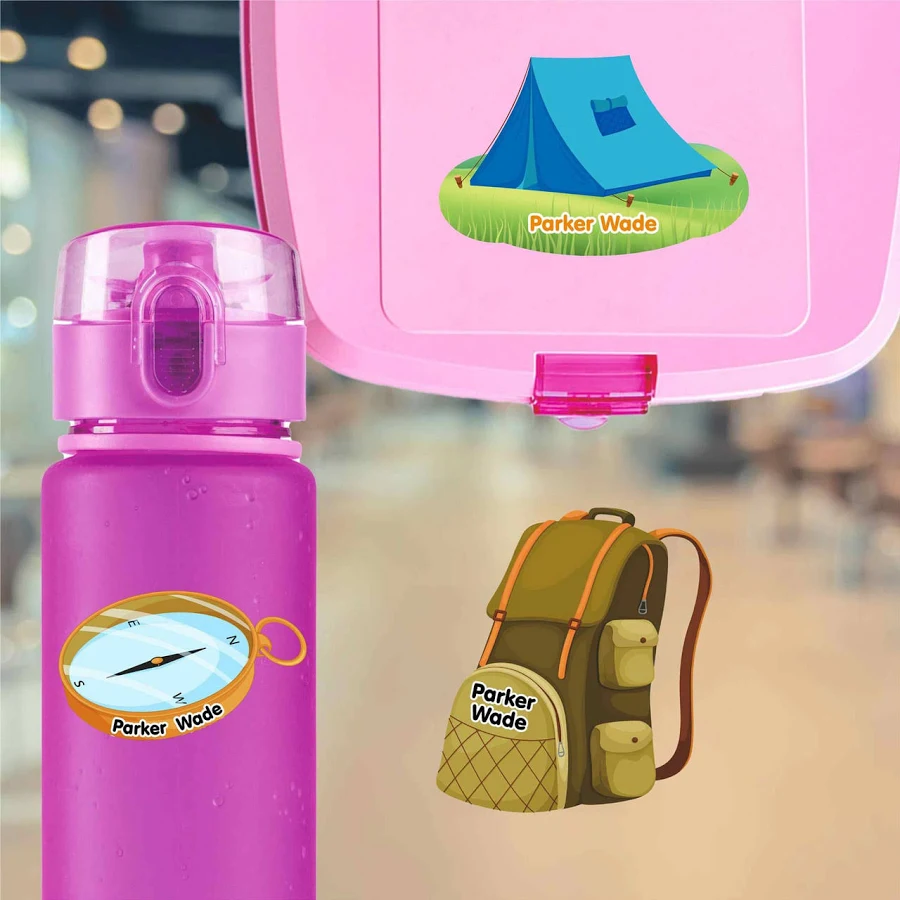 Camping Water Bottle Name Labels Die Cut