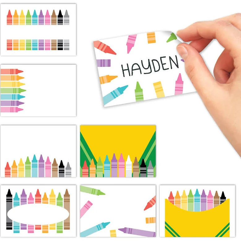 Name Tag Stickers | Set of 56 | Classroom Supplies Colorful Crayon