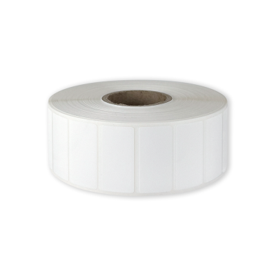 Polyethylene self-adhesive labels 38x19 mm durable white glossy plastic for thermal transfer, 3000 labels per roll
