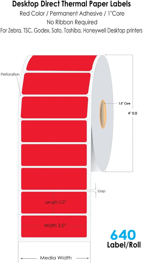 Direct Thermal 3"x2" Paper Labels 640/Roll 1"Core/4"OD