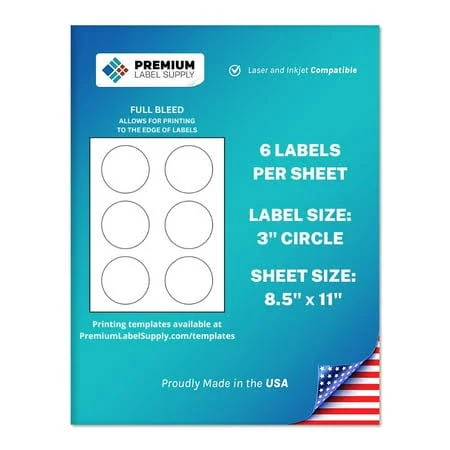 Premium Label Supply White Sticker Round Labels With Bleed 3 inch Circle Laser/Inkjet Compatible (6 Labels/Sheet), 25 Sheets 150 Total Adhesive Labels