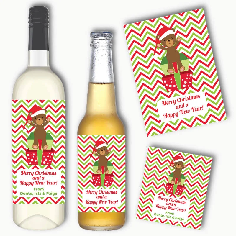 Adorable Teddy Bear Christmas Gift Wine & Beer Labels