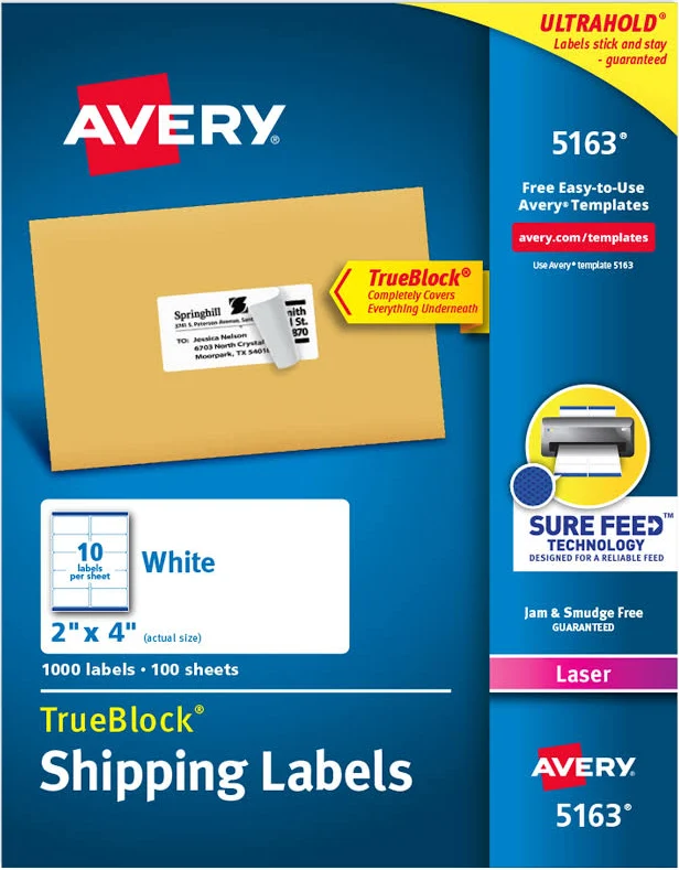 Avery Shipping Labels, 2 inch x 4 inch, Paper, White, TrueBlock, Laser, 1000 Labels (5137)