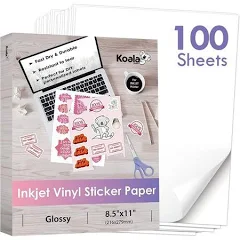 Koala Printable Vinyl Sticker Paper for Inkjet Printers 100 Sheets Glossy