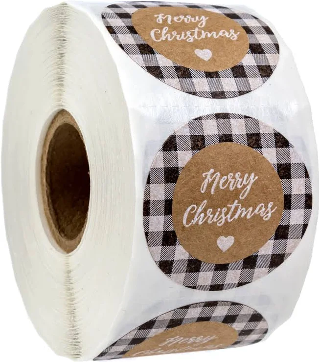 Current Labels Kraft Brown Black & White Plaid Merry Christmas Stickers