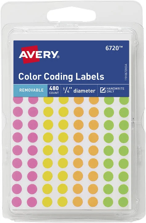 Avery Color Coding Labels 1/4 inch Round Paper Removable Neon Colors Handwrite 480 Labels