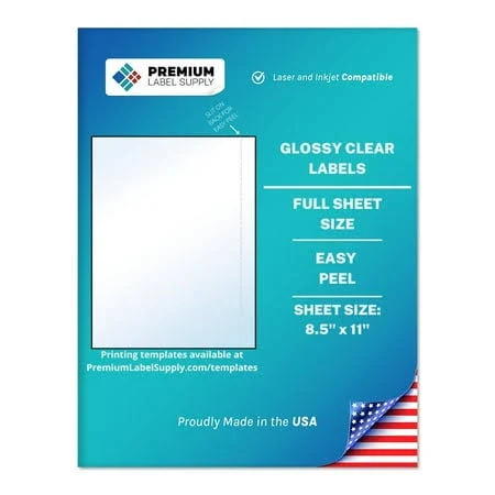 Premium Label Supply Full Sheet Glossy Clear Labels 8.5 inch x 11 inch Laser/Inkjet Compatible 10 Sheets - Letter Size
