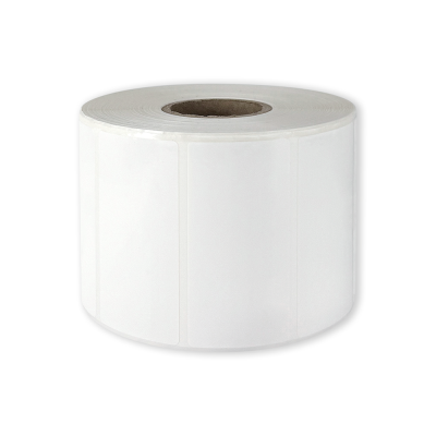 Polyethylene self-adhesive labels 75x38 mm durable white glossy plastic for thermal transfer, 1500 labels per roll