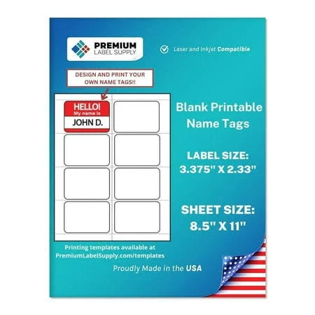 Premium Label Supply Blank Printable Name Tag Stickers - 2-1/3 inch x 3-3/8 inch - Laser/Inkjet Compatible (8 Labels/Sheet) 500 Sheets 4000 Total 