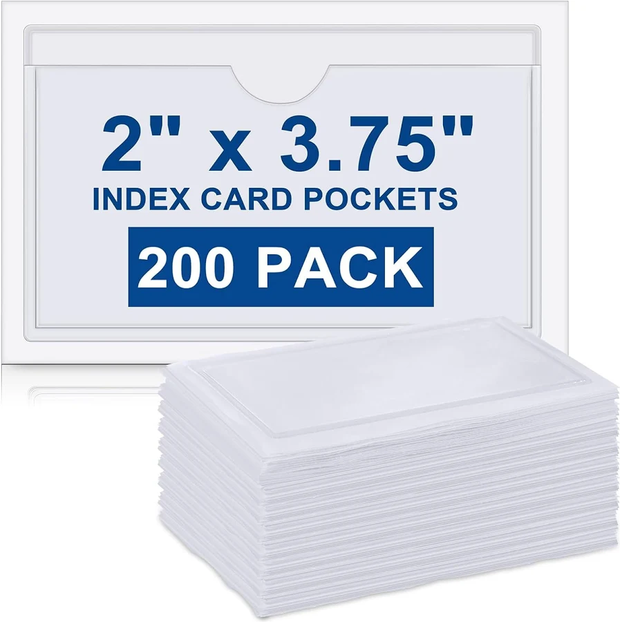Outus 200 Pack 2.48 x 4.06 Inch Self Adhesive Label Pockets Bulk Plastic Labels Holders for Storage Bins Clear Classroom Nameplate Sleeves Index Card 