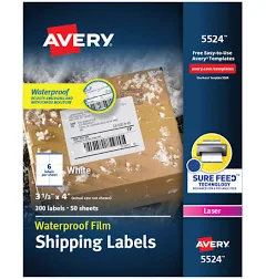 Avery 5524 Waterproof Shipping Labels 3-1/3-inch x 4-inch with Sure Feed and TrueBlock&r